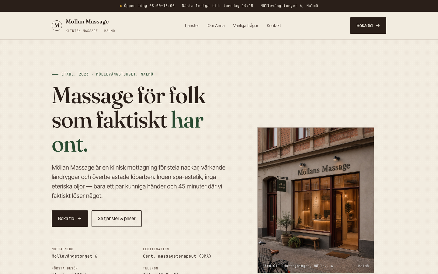 Demo: Möllan Massage — startsida