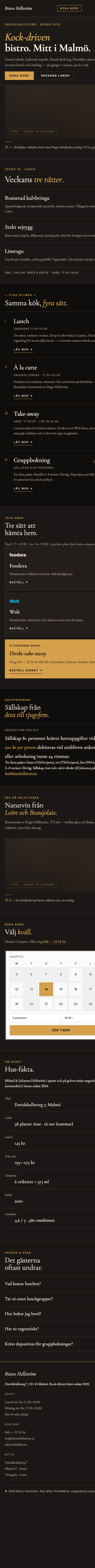 Demo (mobil): Restaurang — varm, tydlig sajt med meny, öppettider och bokning