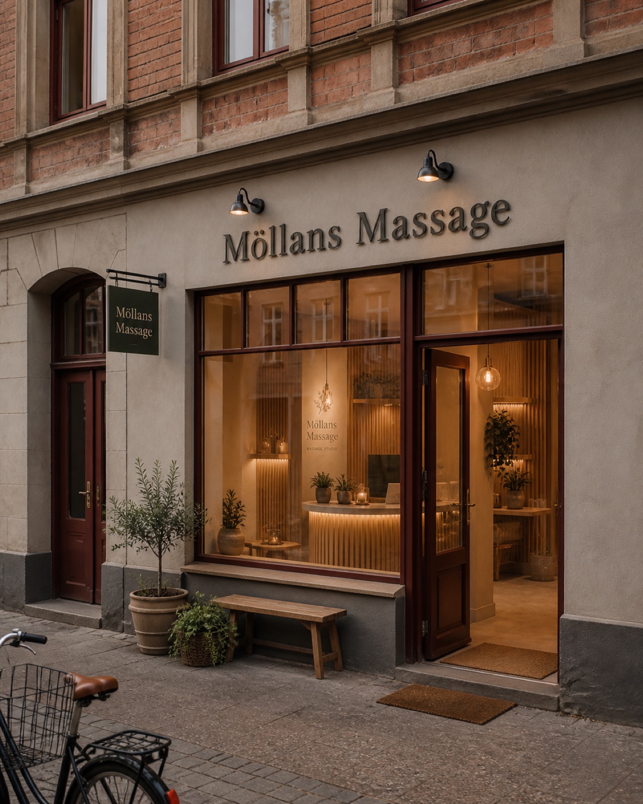 Möllan Massage — entrén vid Möllevångstorget 6 i Malmö, varmt upplyst mottagning genom skyltfönstret