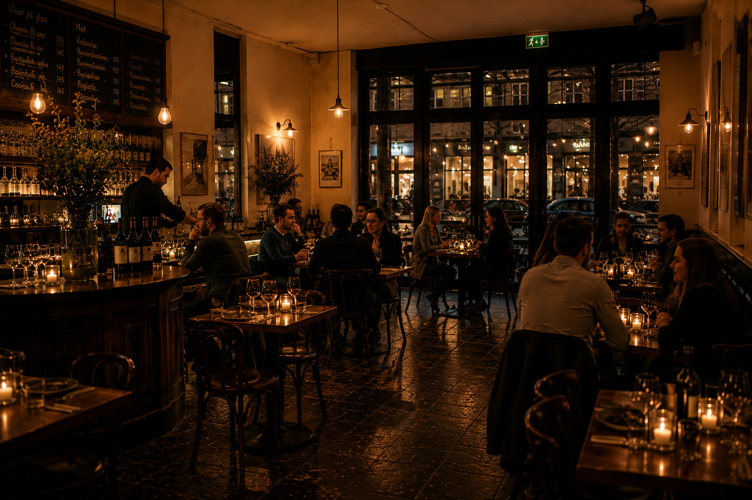 Kvällsservering i Bistro Hellströms matsal med baren till vänster och gäster vid småbord